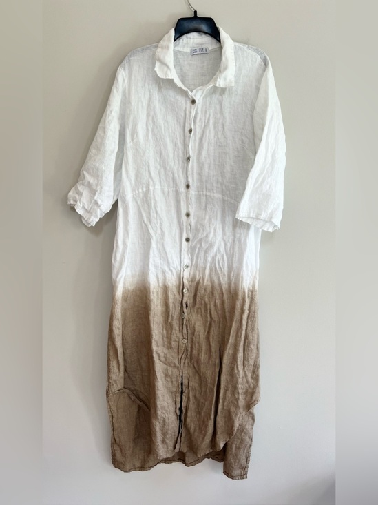 Made In Italy Dresses & Skirts - Italian 100% Linen Long 3/4 Sleeve White Brown Ombre Button-Down Shirt Dress, L